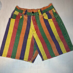 VTG 80s Colorful Striped Shorts Womens M Denim Retro Watch L.A. Made In USA 6.5”